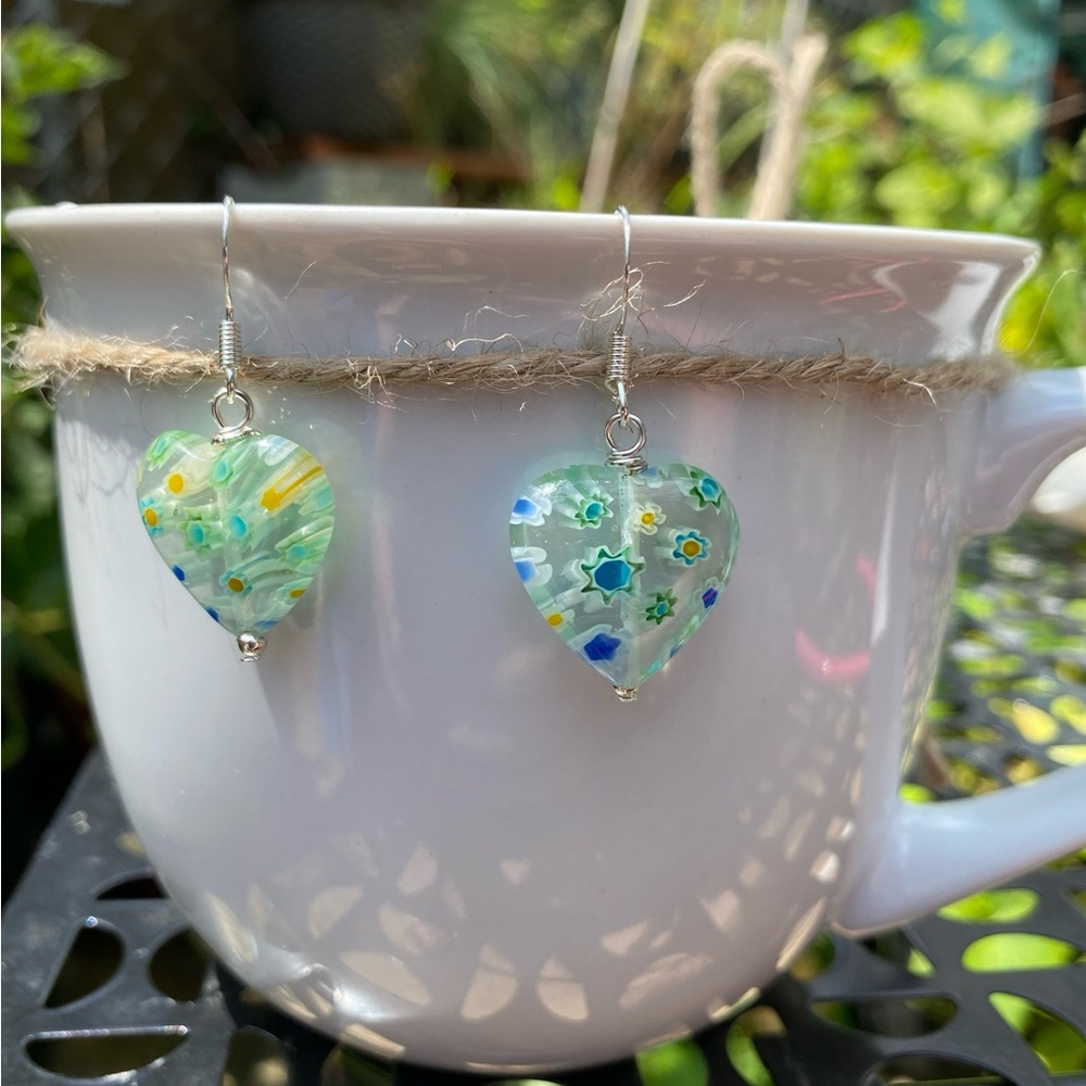 Millefiori Green Blue Glass heart earrings. Floral glass earrings